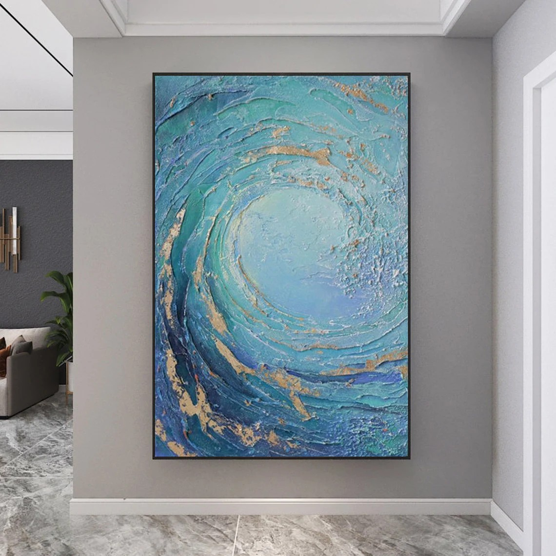 Abstract Ocean Wave Oil Painting, Blue and Gold Textured Wall Art #TC 068