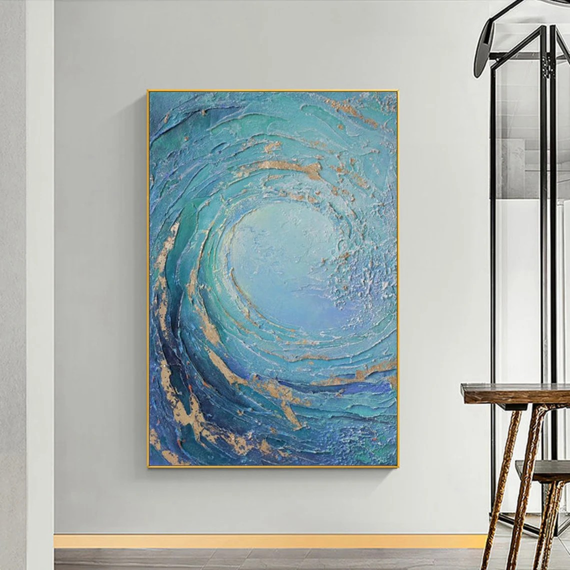 Abstract Ocean Wave Oil Painting, Blue and Gold Textured Wall Art #TC 068
