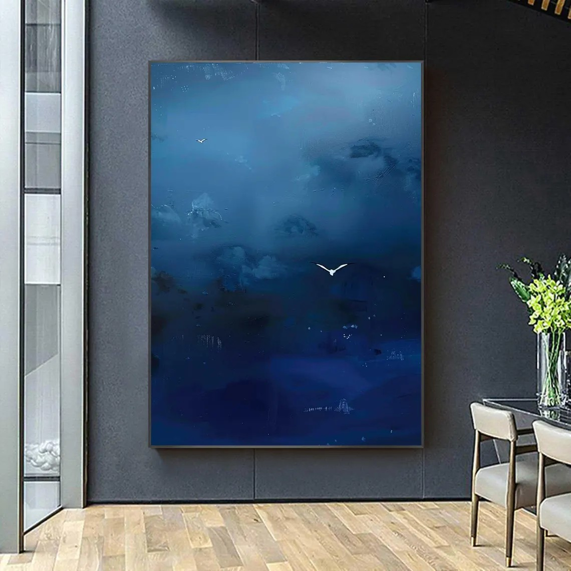 Deep Blue Abstract Oil Painting with Flying Birds Wall Art #TC 028