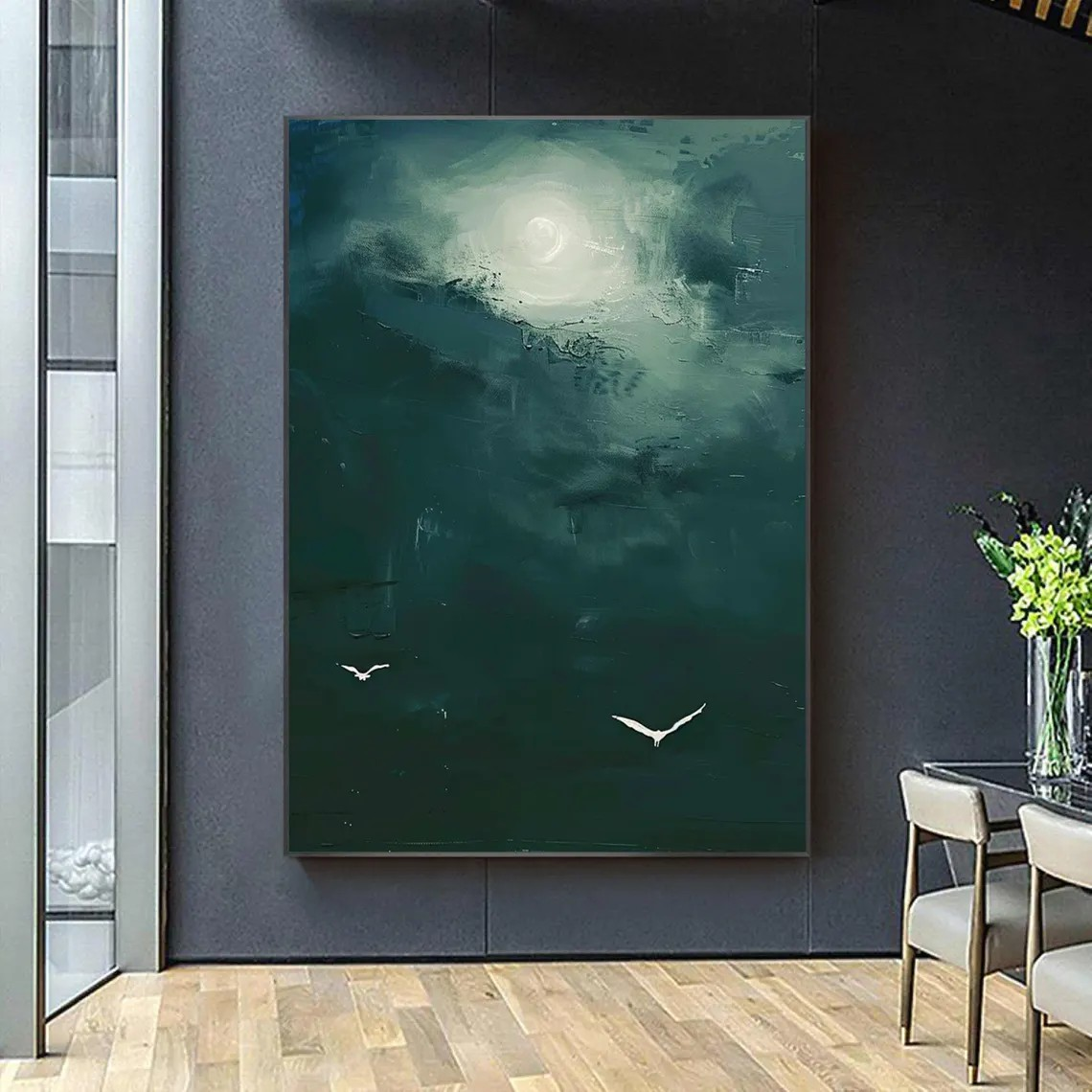 Dark Teal Abstract Oil Painting with Moon and Birds Wall Art #TC 029