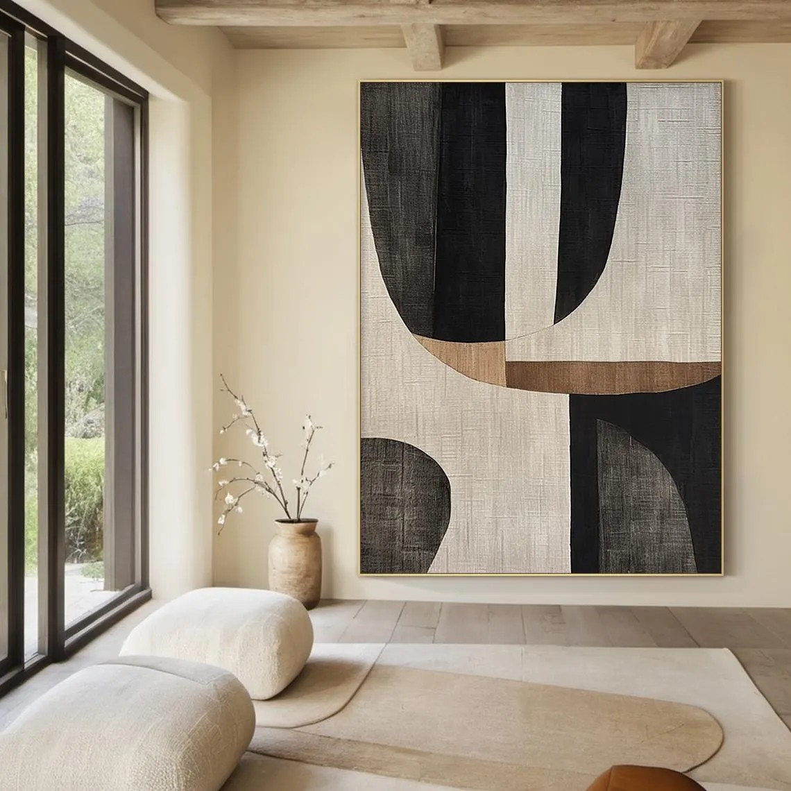 Geometric Abstract Art - Black White Beige Wall Painting #TC 055