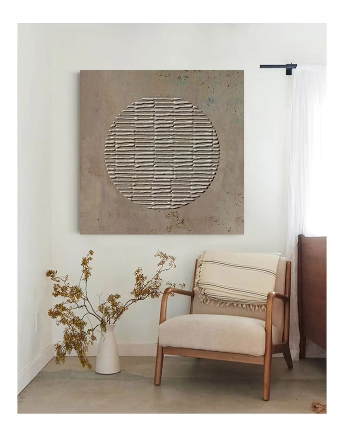 3D Minimalist Abstract Oil Painting with Textured Brown Circle #JJ 013