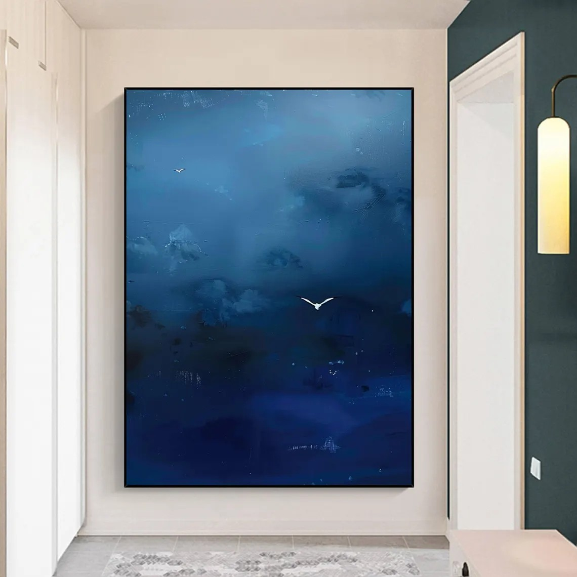 Deep Blue Abstract Oil Painting with Flying Birds Wall Art #TC 028