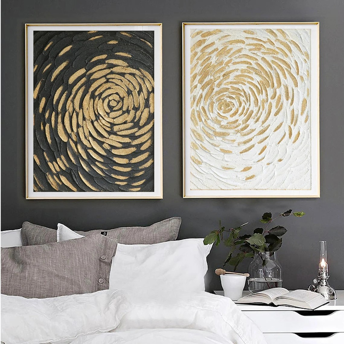 Gold Swirl Textured Abstract Diptych - Black & White Art #JJ 047