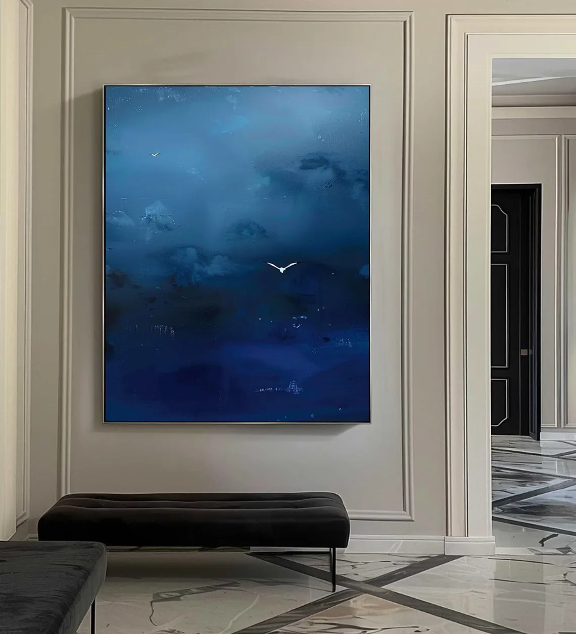 Deep Blue Abstract Oil Painting with Flying Birds Wall Art #TC 028