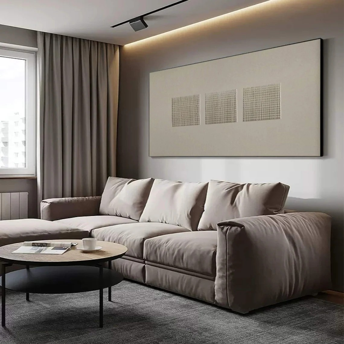 Modern Beige Wabi Sabi Art with Textured Grid for Room Decor #TC 020