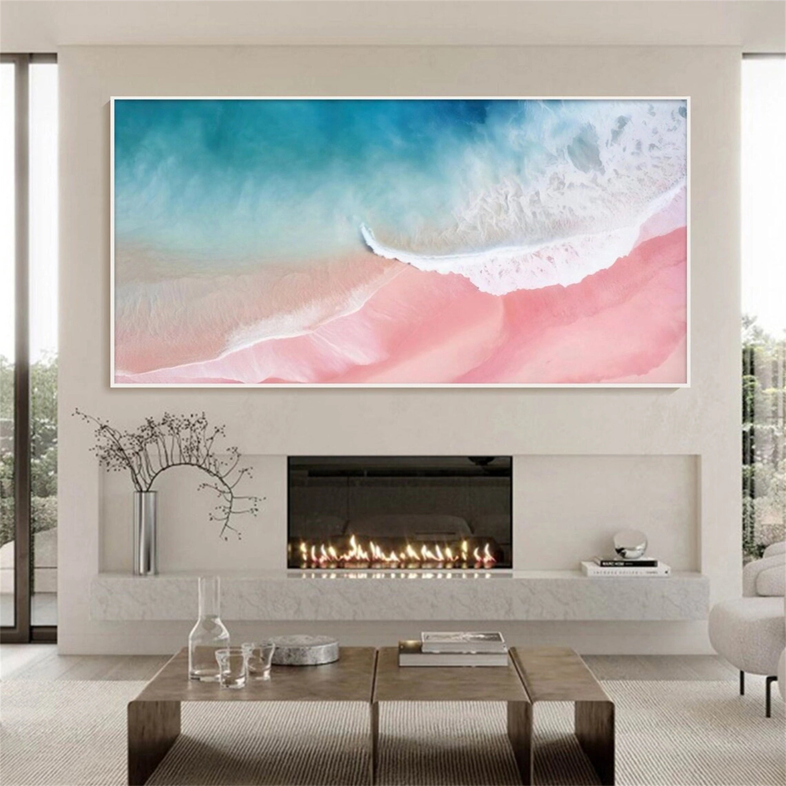 Serene Pink Teal Aerial Beach Abstract Sea Waves Texture Painting Canvas #JJ 265