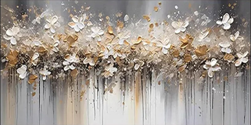 Textured Floral Abstract Oil Art - Gold Beige with Dripping #JJ 021