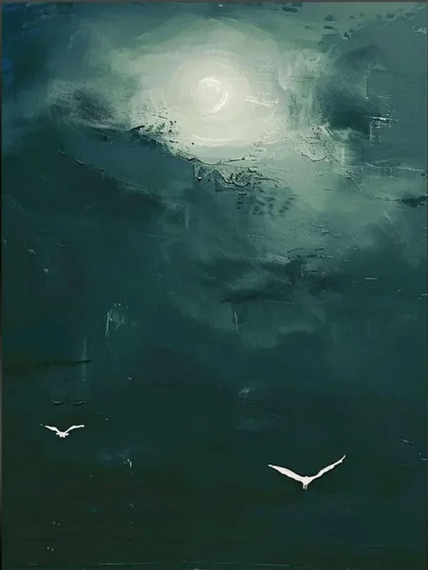 Dark Teal Abstract Oil Painting with Moon and Birds Wall Art  #TC 029
