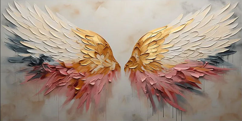Textured Angel Wings Abstract Oil Painting - Gold & Peach Art #JJ 031