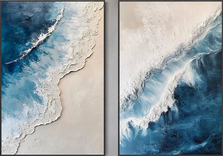 Large Abstract Ocean Wall Art Set of 2 | Textured Blue Wave Painting #ZZ 059