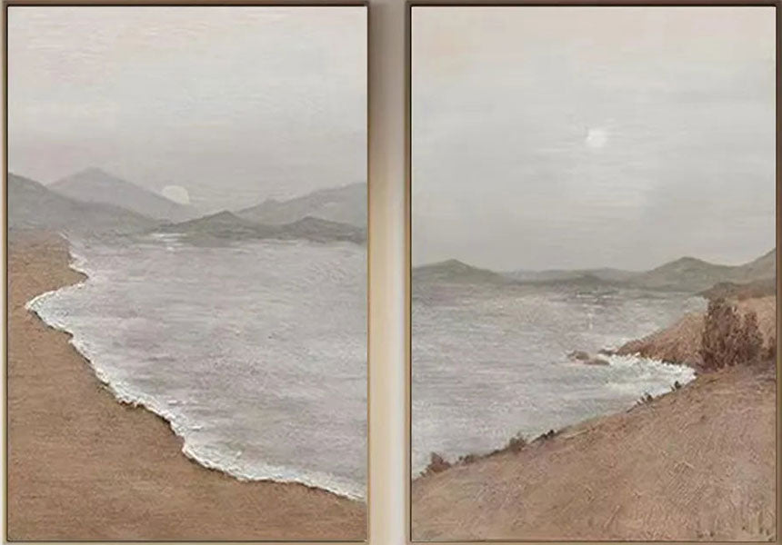 Large Neutral Abstract Wall Art Vertical Coastal Landscape Set of 2 #ZZ 084
