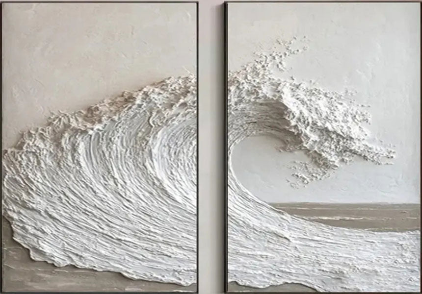 Large Textured Wave Wall Art Set of 2 White 3D Ocean Canvas #ZZ 086