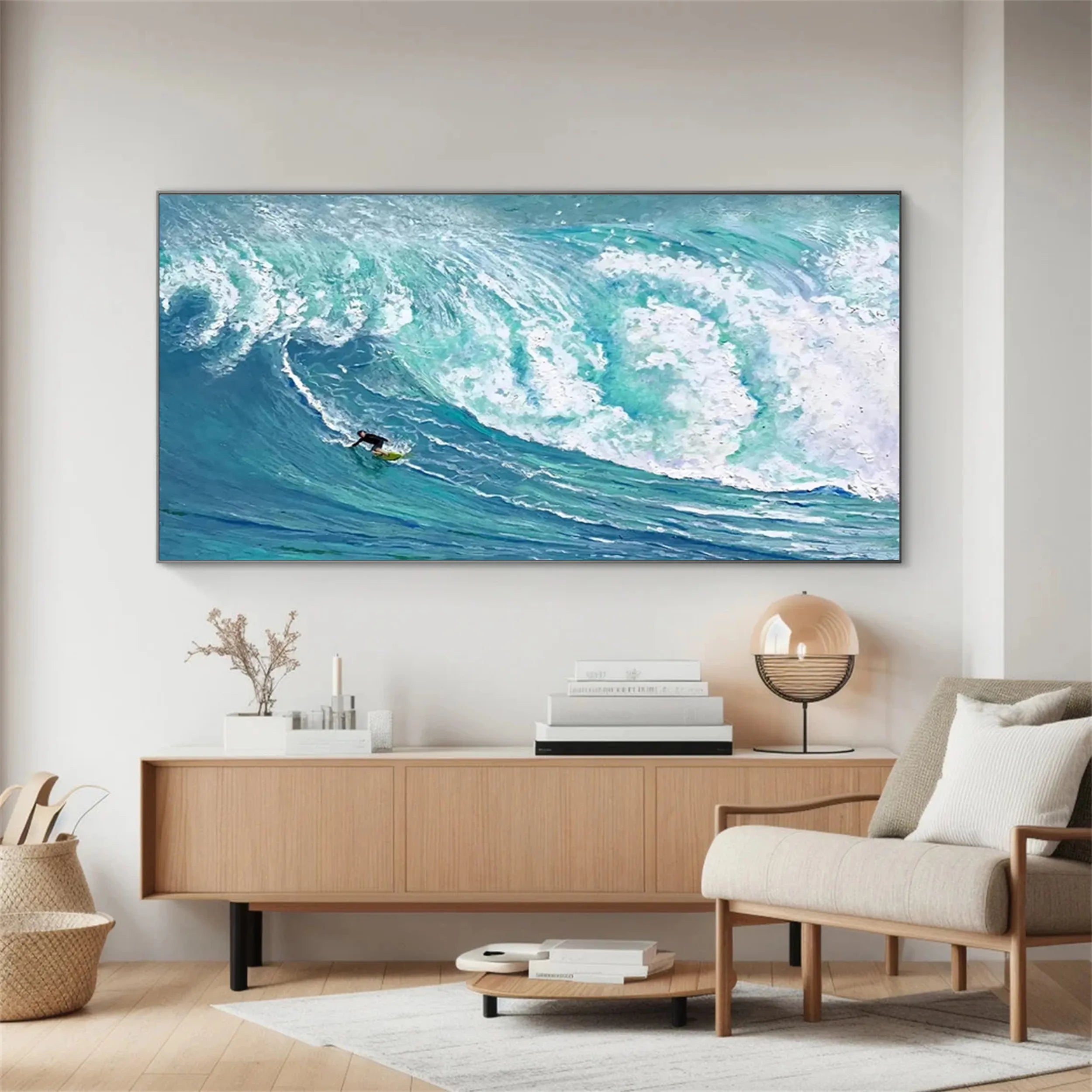 Teal White Textured Surfing Abstract Oil Painting for Wall Decor #JJ 186