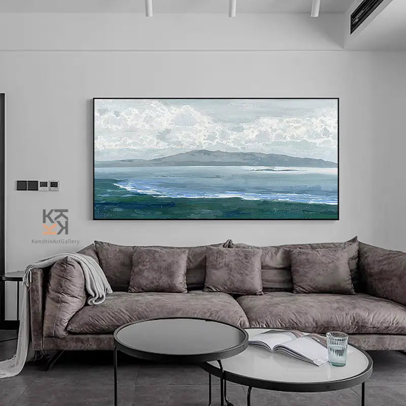 Large Coastal Landscape Wall Art | Abstract Ocean & Mountain Painting #ZZ 078