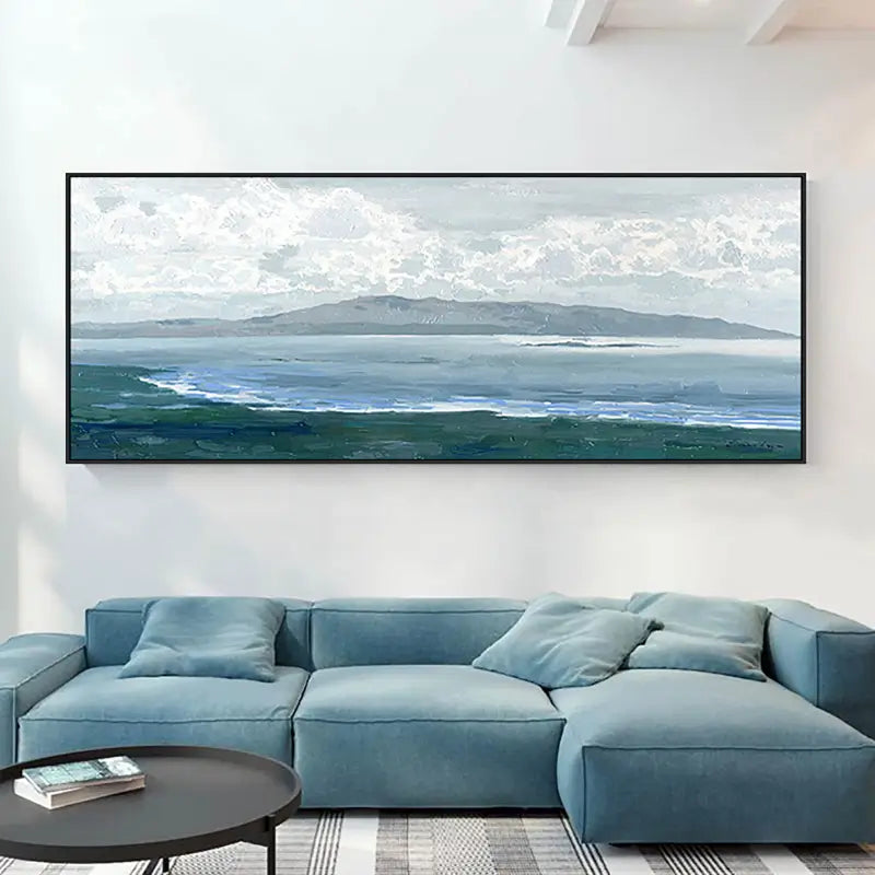 Large Coastal Landscape Wall Art | Abstract Ocean & Mountain Painting #ZZ 078