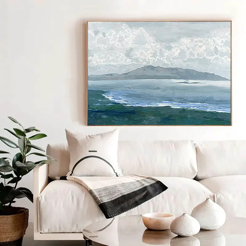 Large Coastal Landscape Wall Art | Abstract Ocean & Mountain Painting #ZZ 078