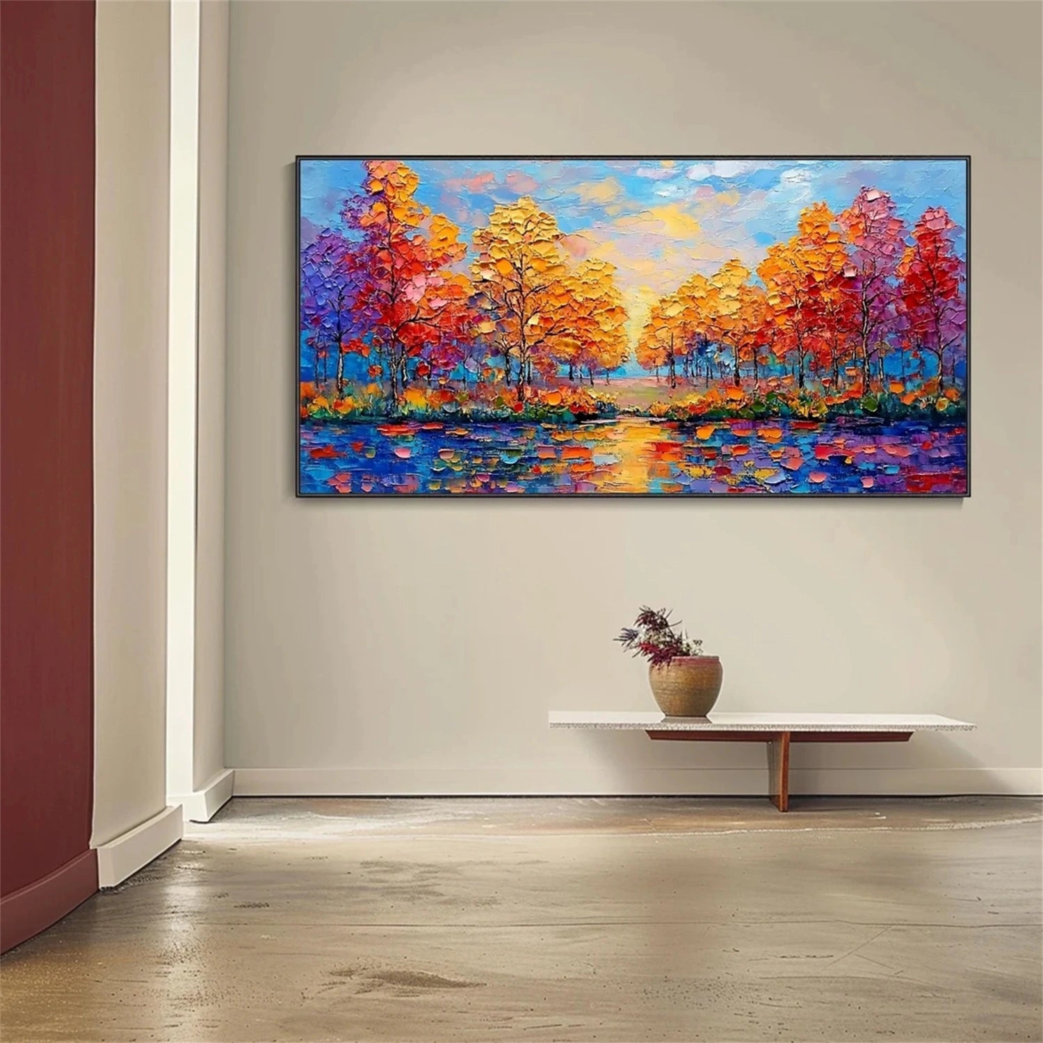 Sunset Lake Hand-Painted Oil Art | Vibrant Large Textured Trees #JJ 325