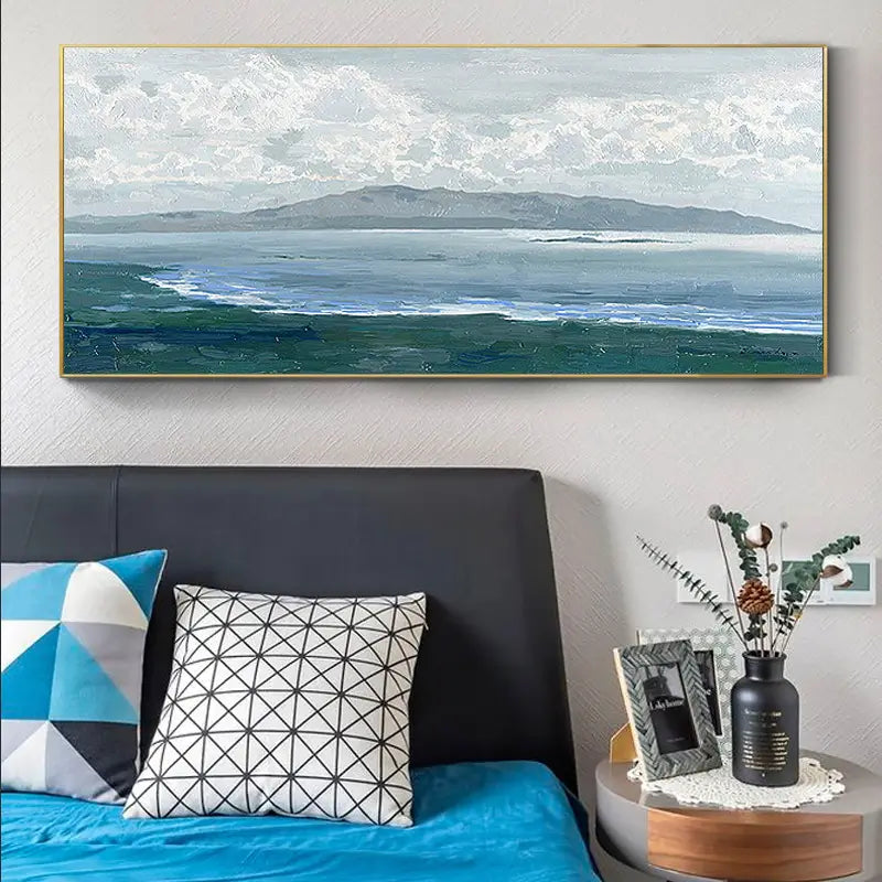 Large Coastal Landscape Wall Art | Abstract Ocean & Mountain Painting #ZZ 078