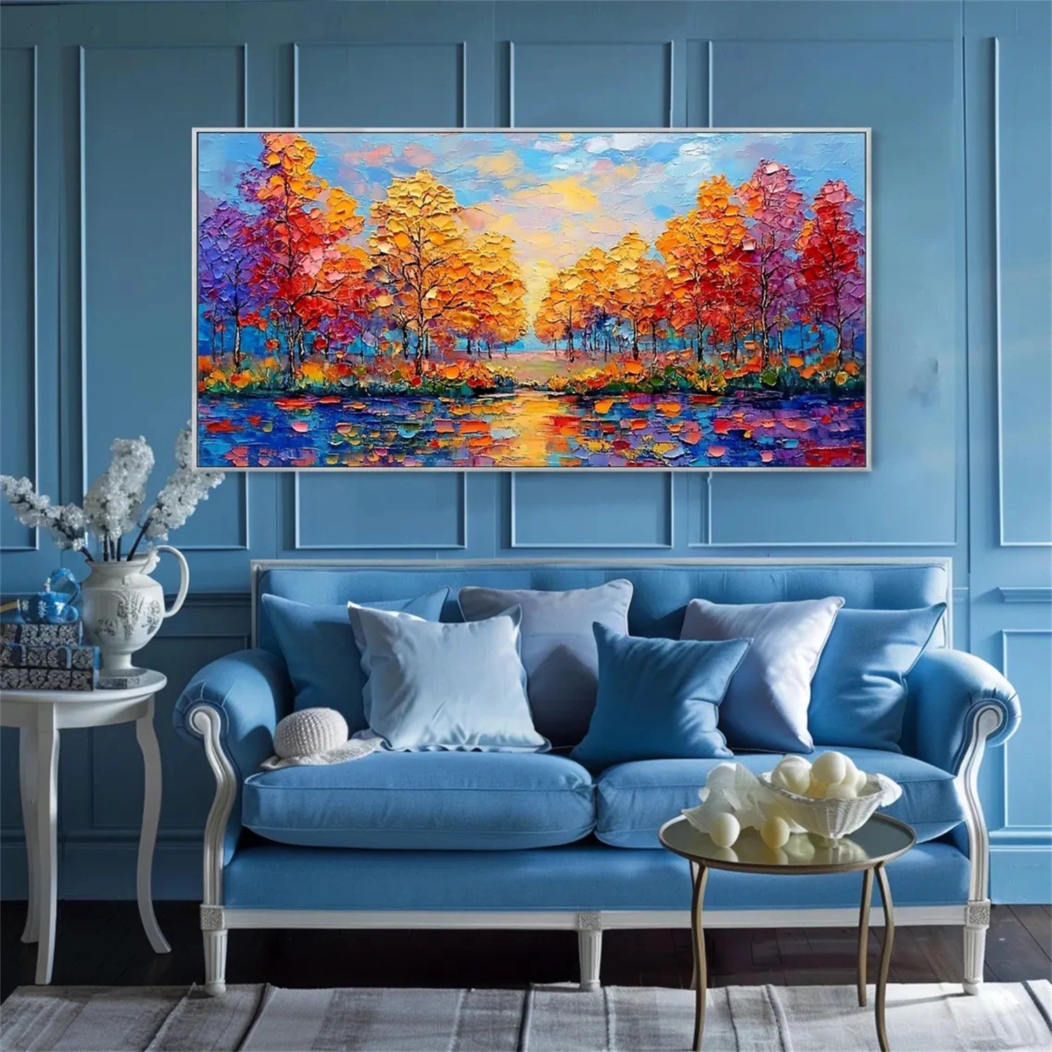 Sunset Lake Hand-Painted Oil Art | Vibrant Large Textured Trees #JJ 325