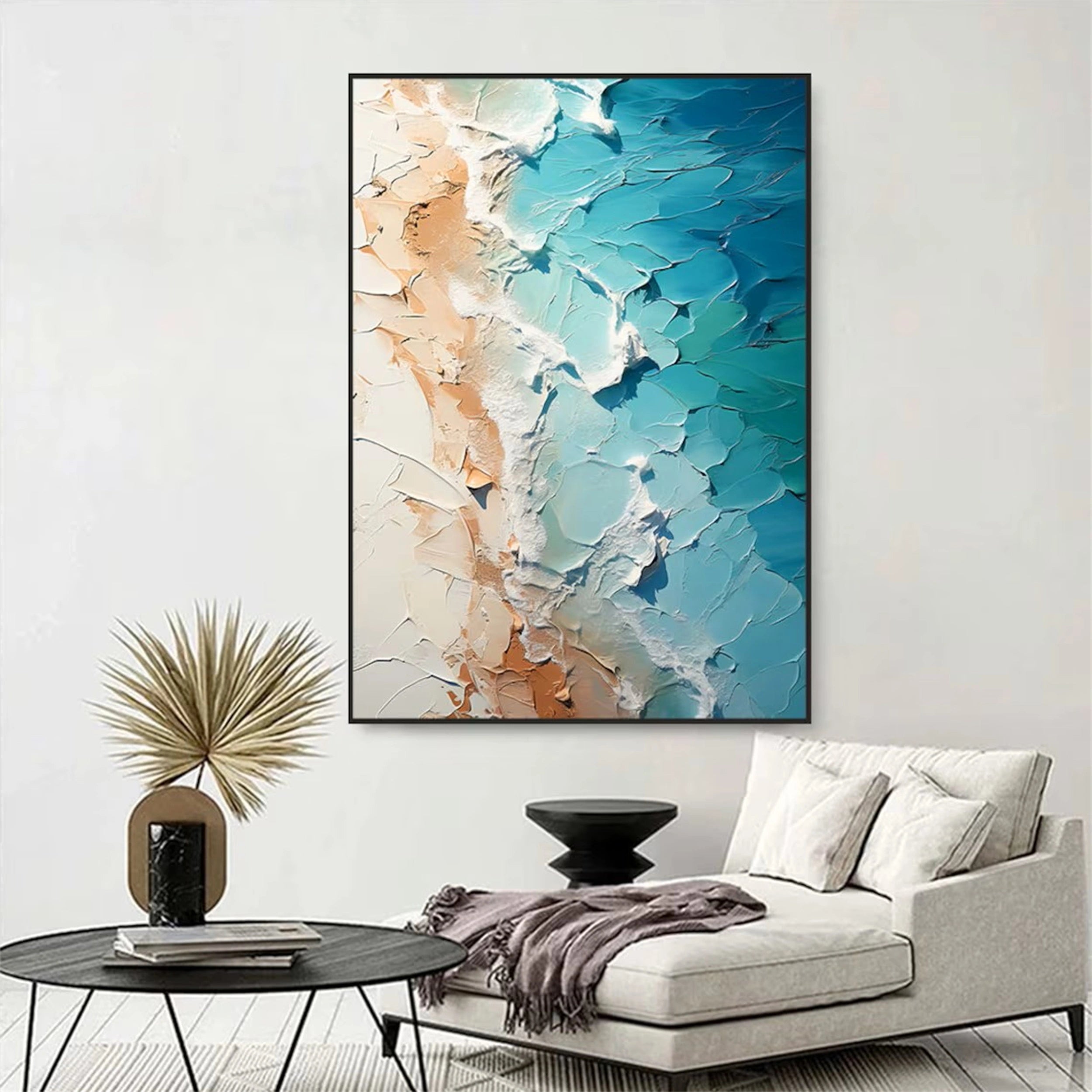 Textured Wall Art Handmade Teal Ocean Beige Sand Abstract #JJ 224
