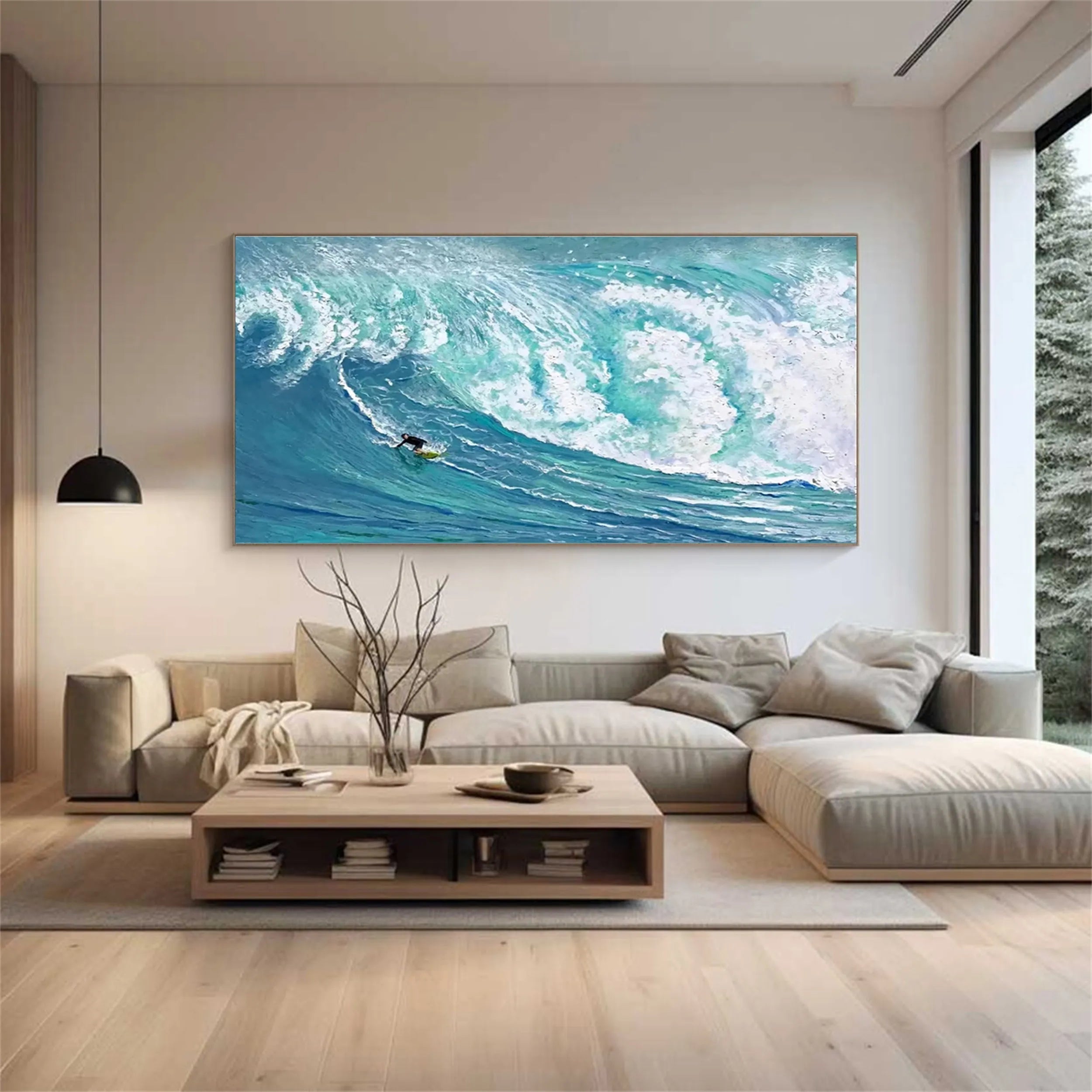 Teal White Textured Surfing Abstract Oil Painting for Wall Decor #JJ 186
