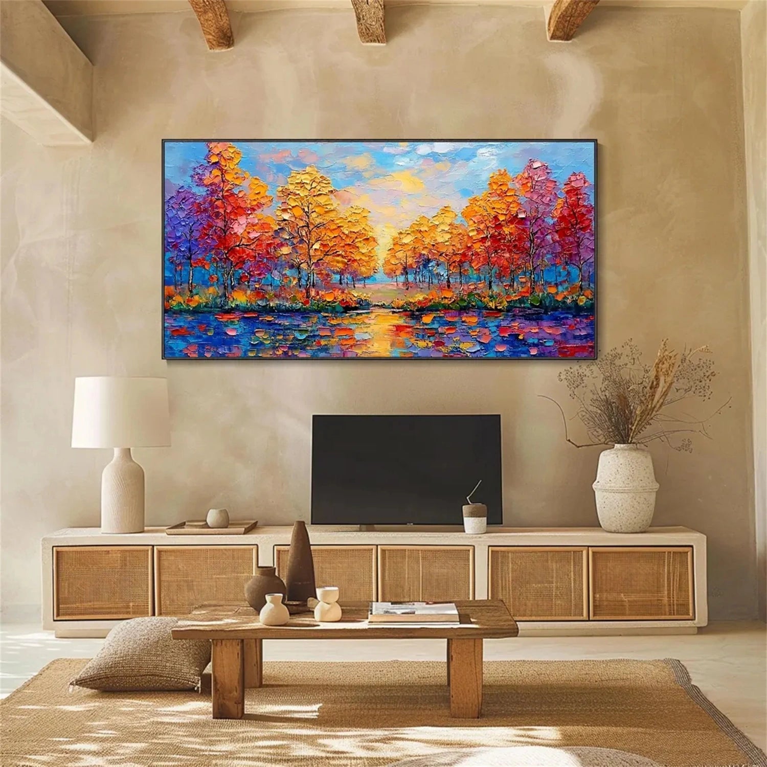 Sunset Lake Hand-Painted Oil Art | Vibrant Large Textured Trees #JJ 325