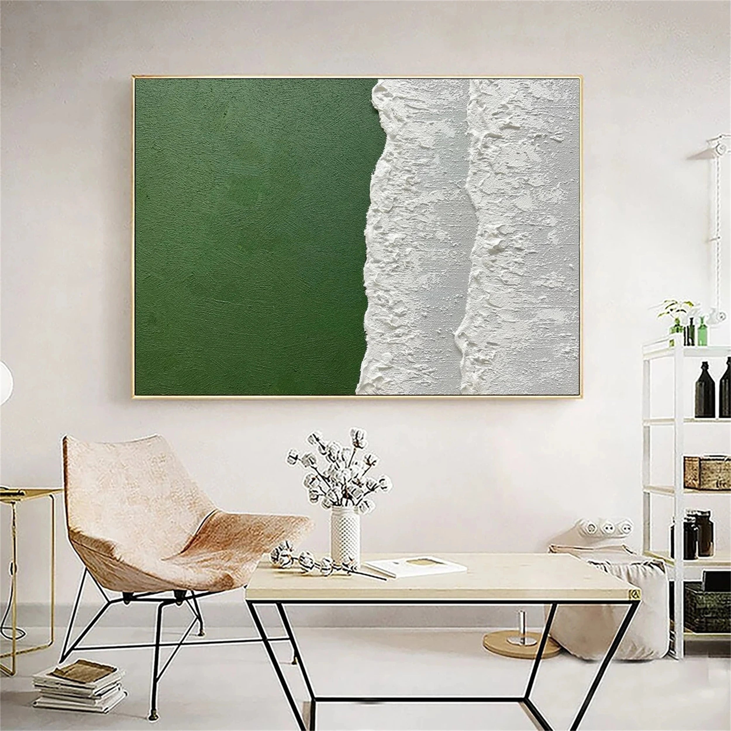 Verdant Shore – Minimalist Green Ocean  Textured Abstract Canvas #JJ 260