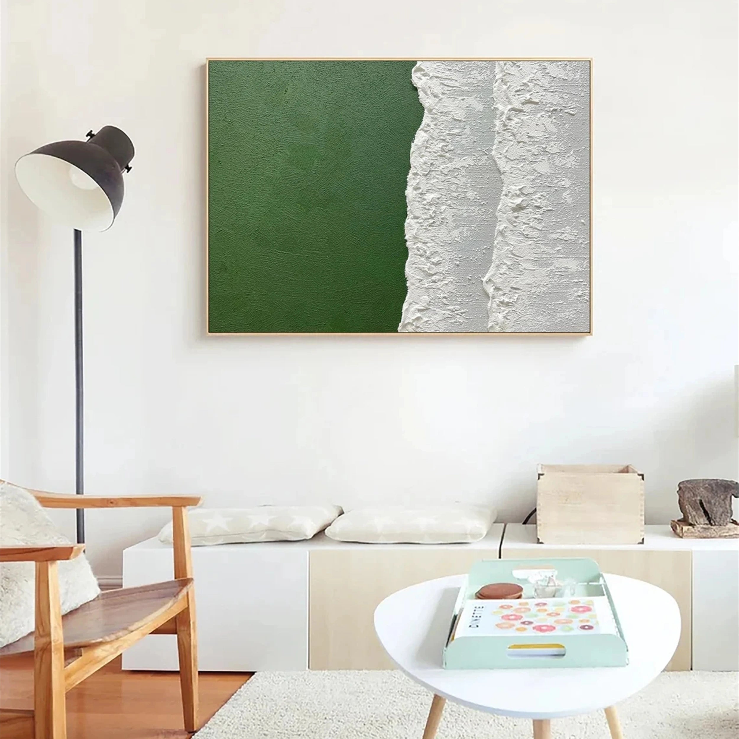 Verdant Shore – Minimalist Green Ocean  Textured Abstract Canvas #JJ 260