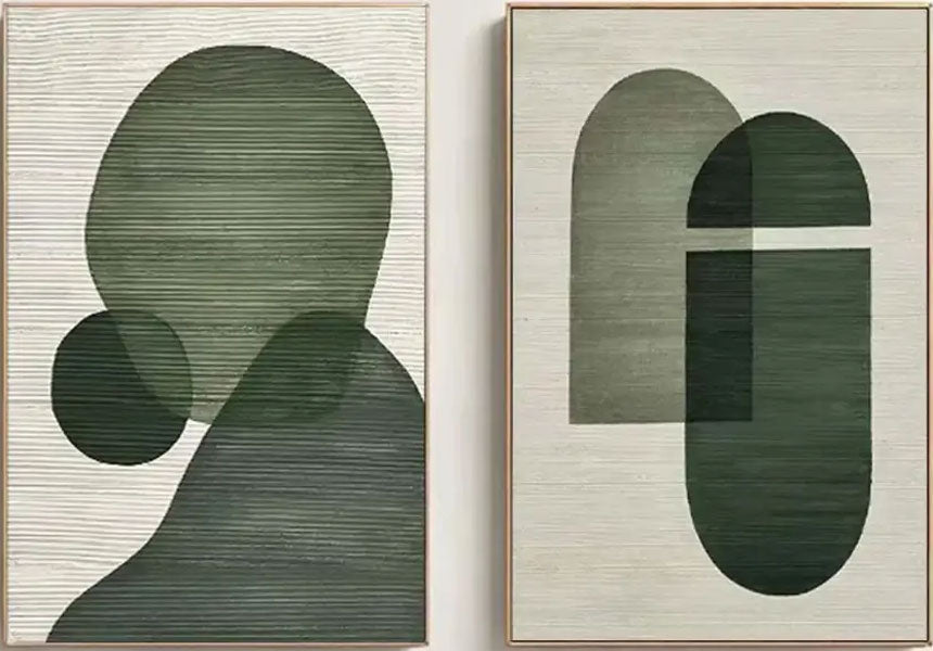 Abstract Geometric Diptych | Green & Beige Painting Set of 2 #ZZ 115