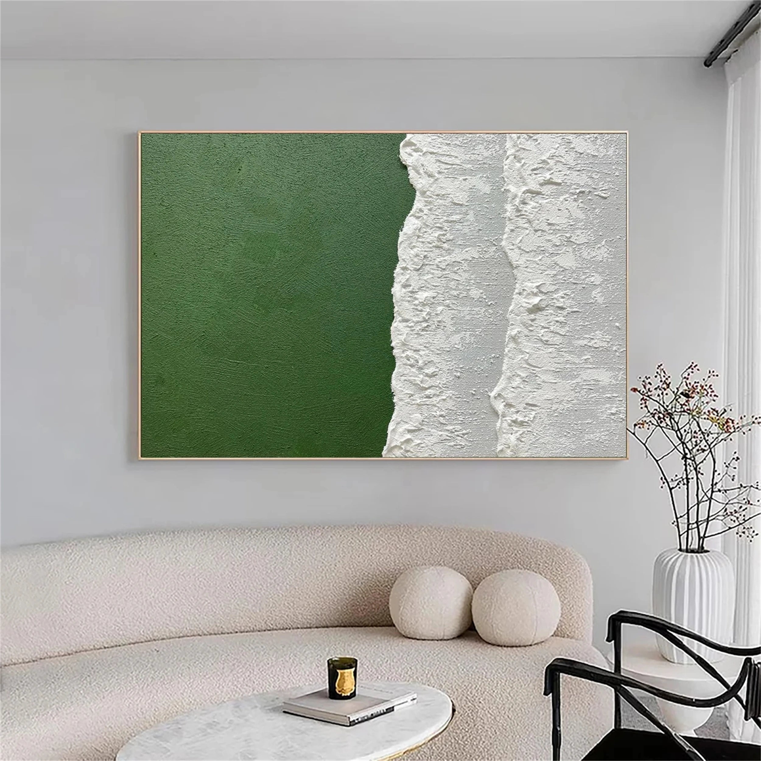 Verdant Shore – Minimalist Green Ocean  Textured Abstract Canvas #JJ 260