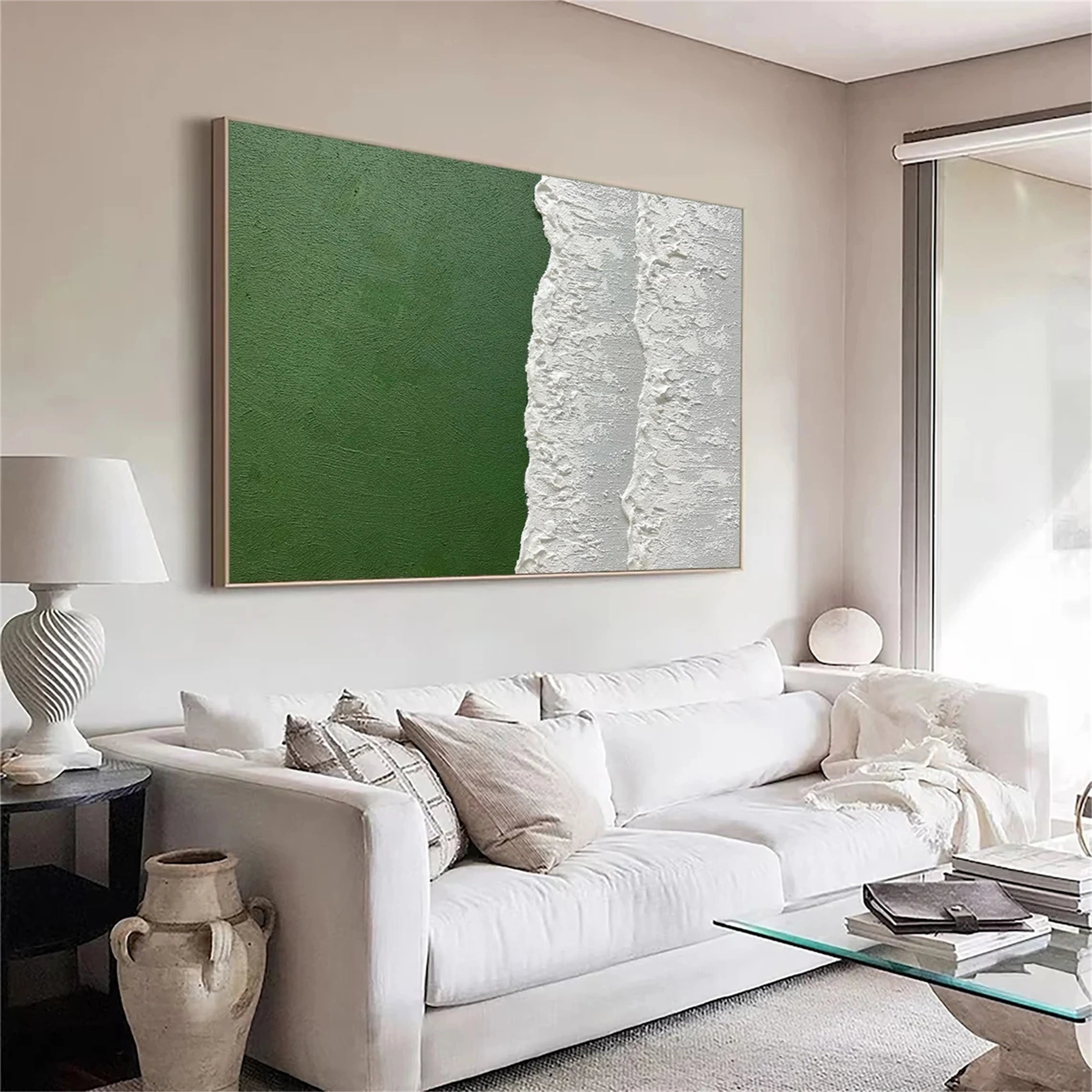 Verdant Shore – Minimalist Green Ocean  Textured Abstract Canvas #JJ 260