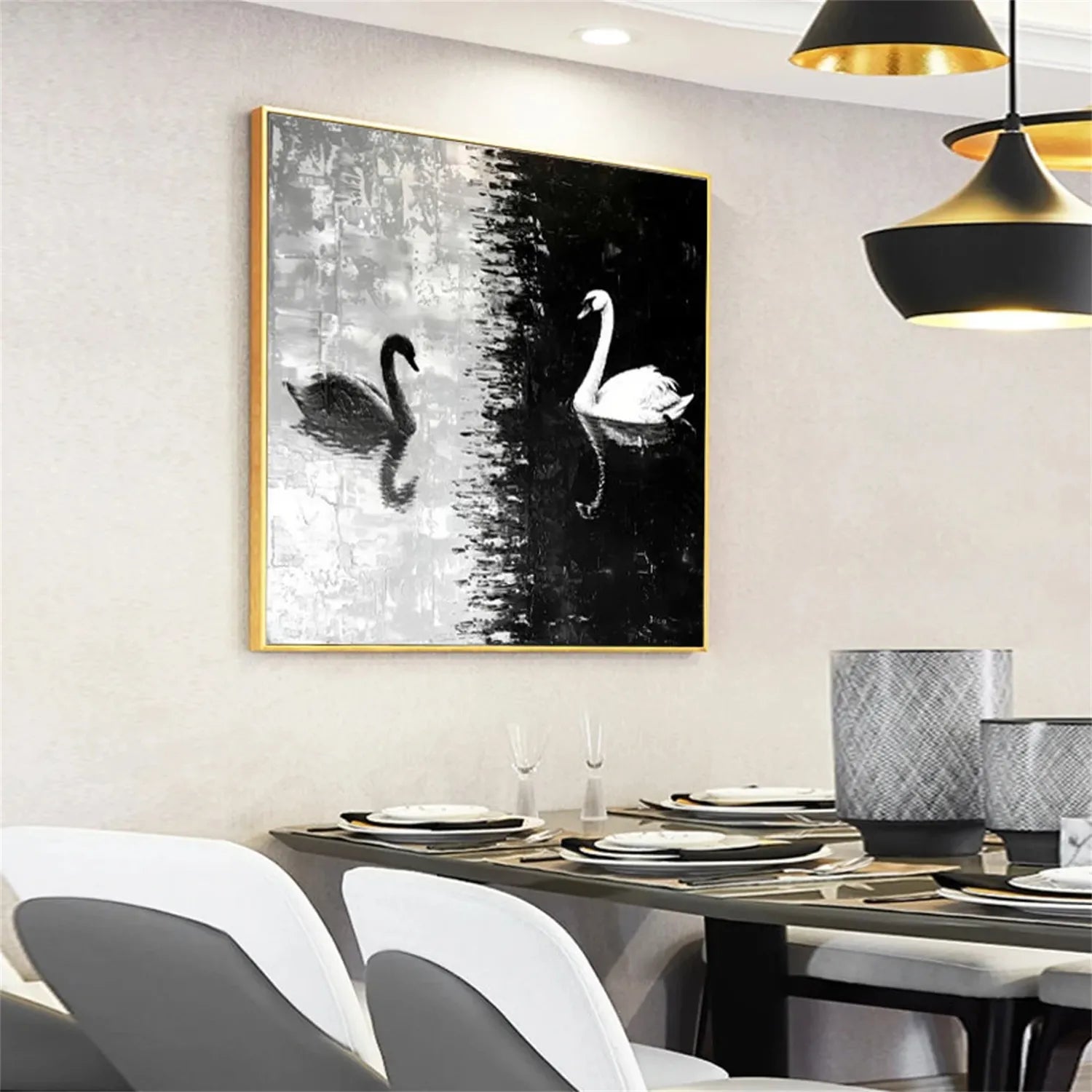 Black and White Swan Wall Art | Large Square Abstract Painting #ZZ 219