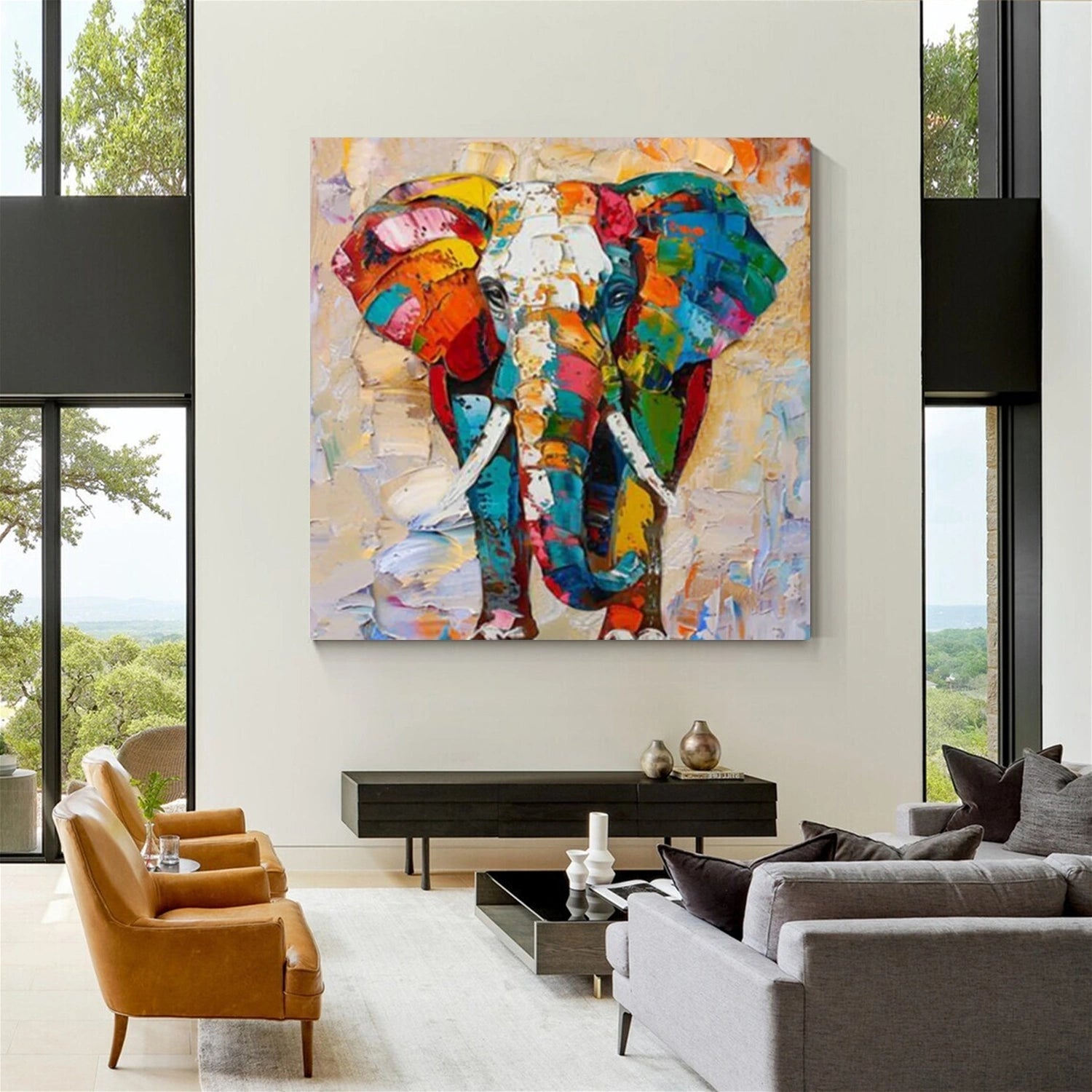 Colorful Elephant Wall Art | Large Square Abstract Animal Painting #ZZ 215