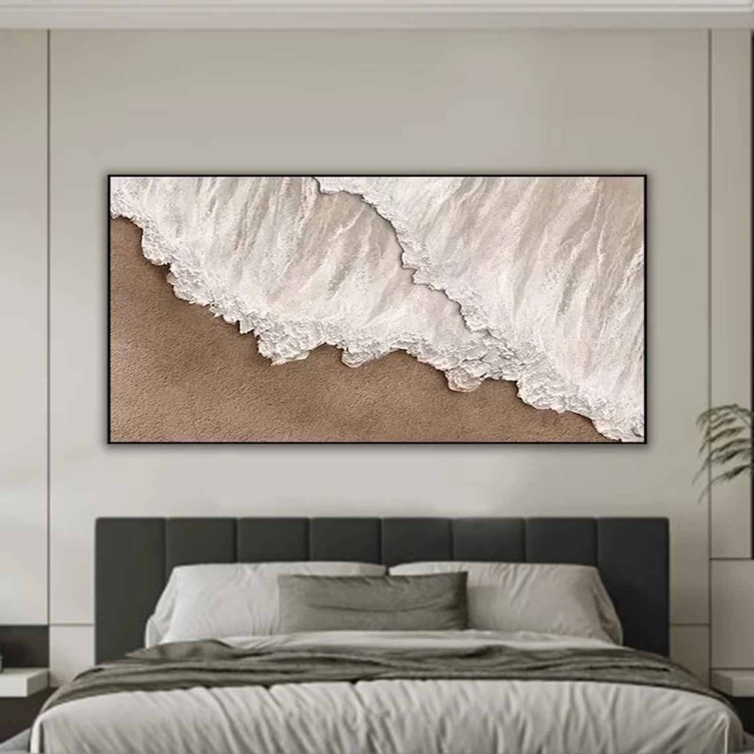 Large Horizontal Beige White Textured Beach Abstract - Modern Wall Art #JJ 174