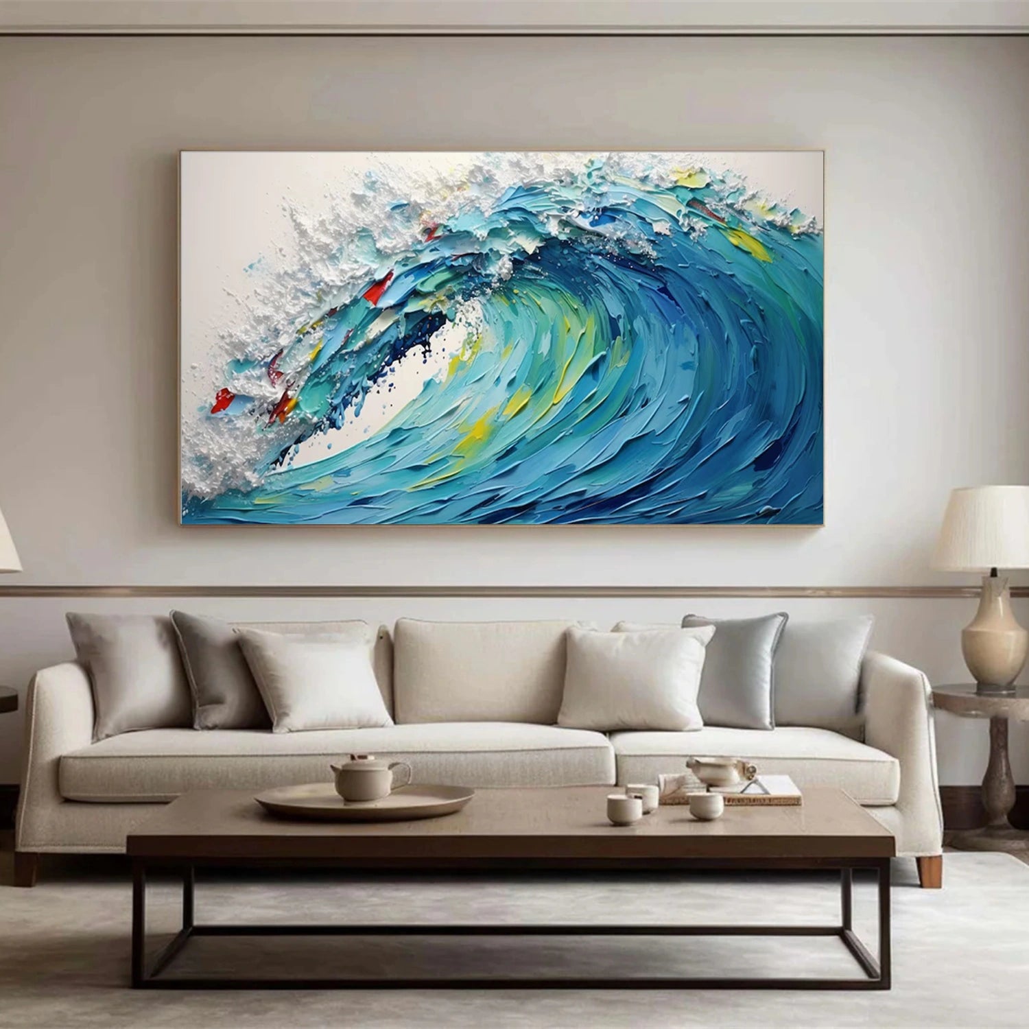 Dynamic Ocean Wave Hand Painted Abstract - Blue White Yellow Modern Oil Painting #JJ 161