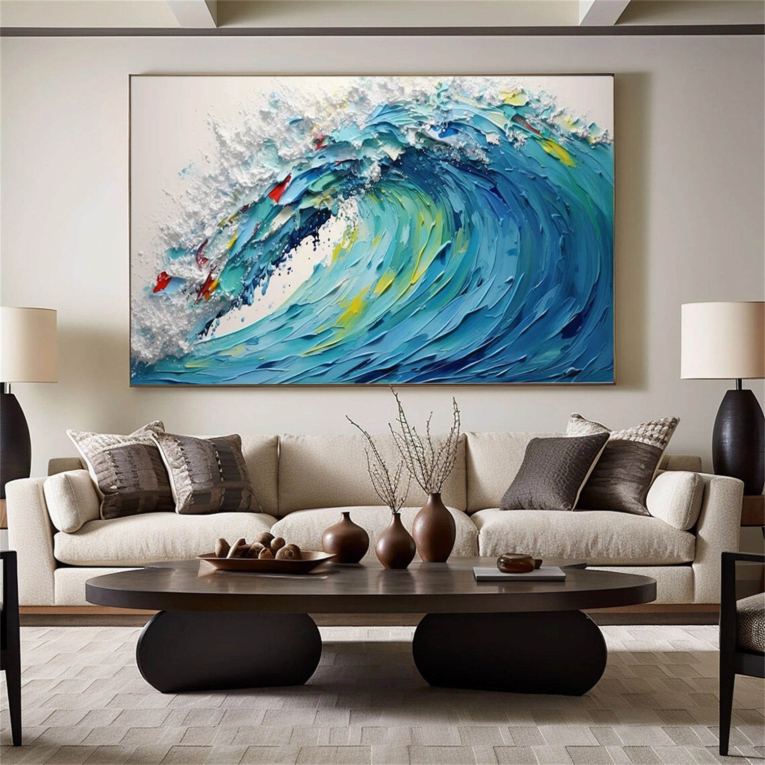 Dynamic Ocean Wave Hand Painted Abstract - Blue White Yellow Modern Oil Painting #JJ 161