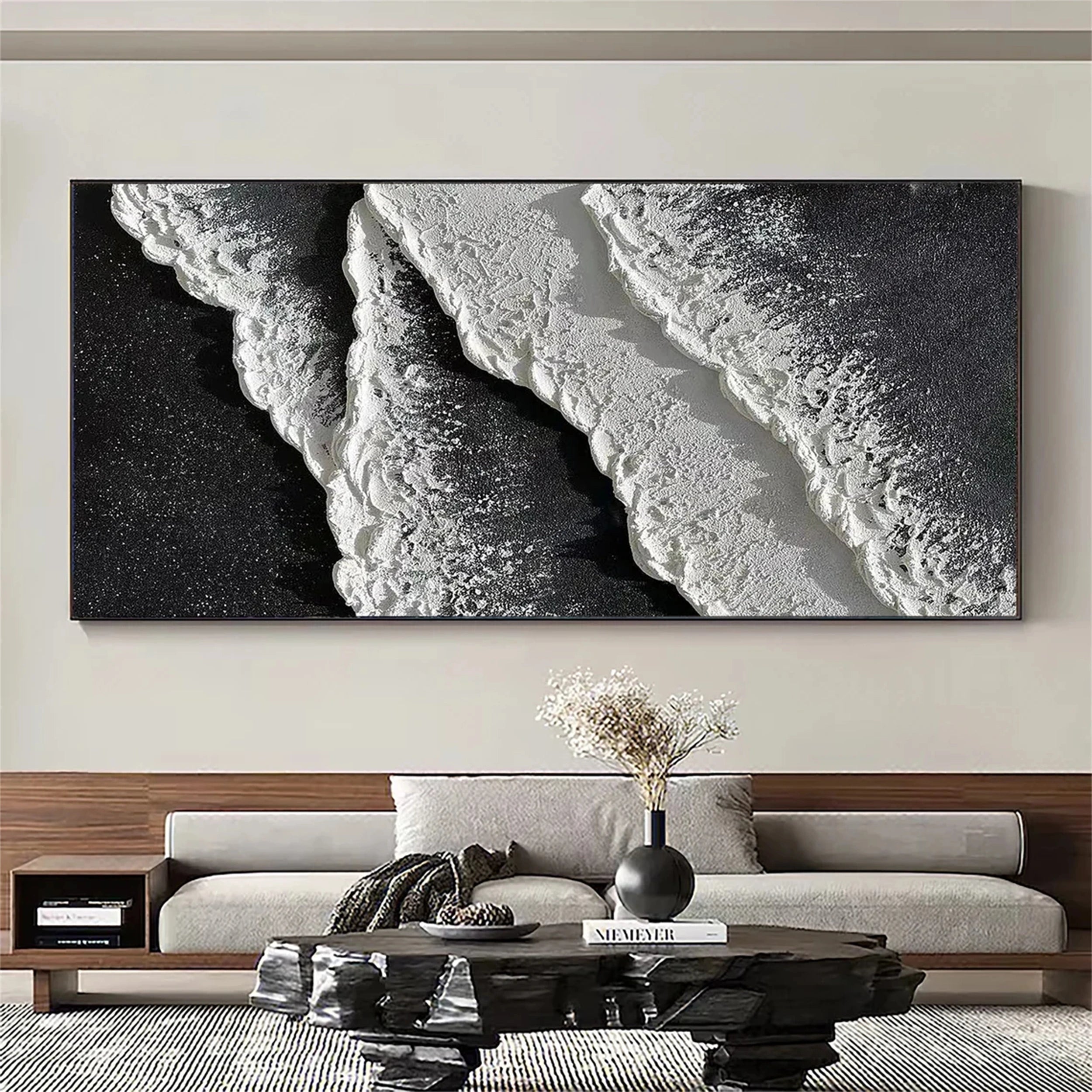 Serene Black White Coast - Textured Minimalist Wall Art #JJ 267