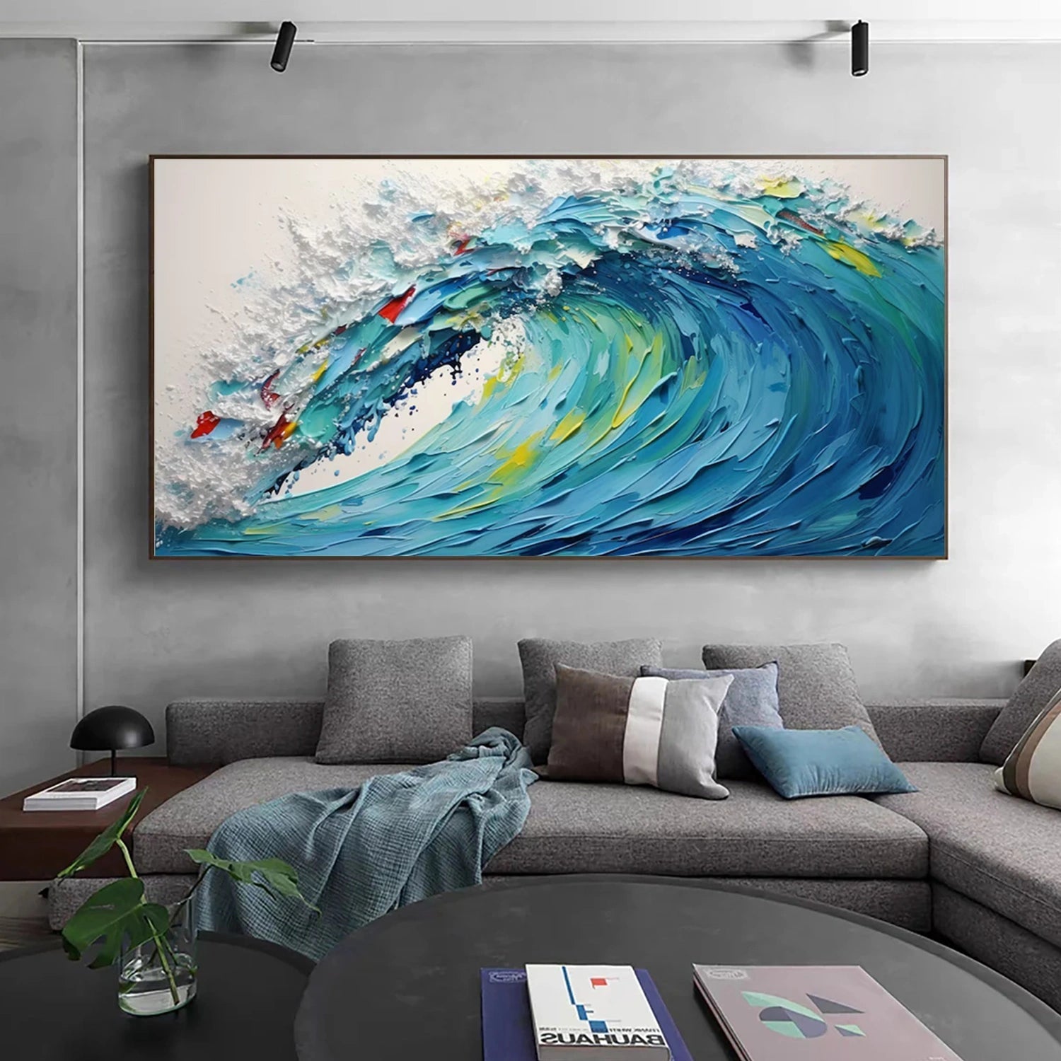 Dynamic Ocean Wave Hand Painted Abstract - Blue White Yellow Modern Oil Painting #JJ 161