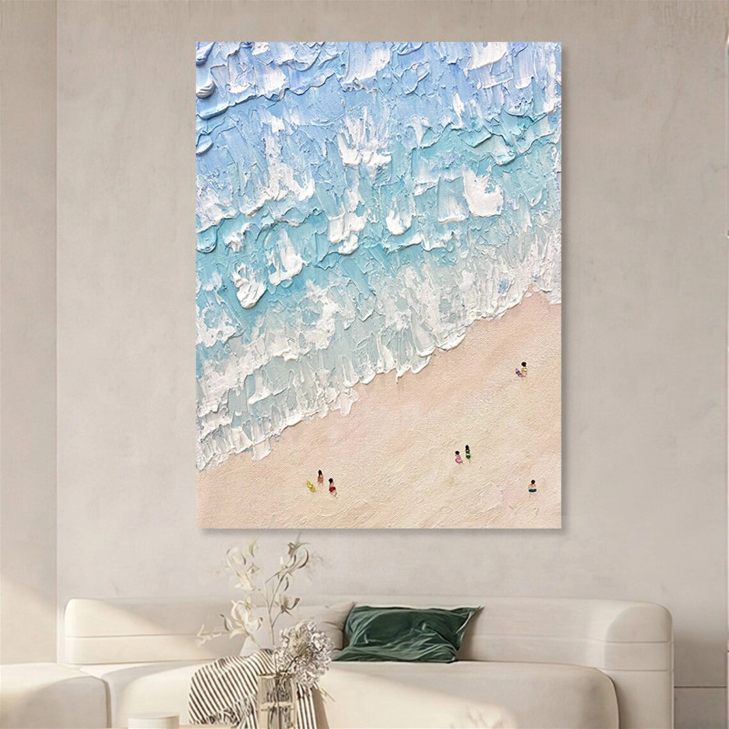Blue Beach Painting for Living Room | Textured Ocean Abstract Wall Art #JJ 229