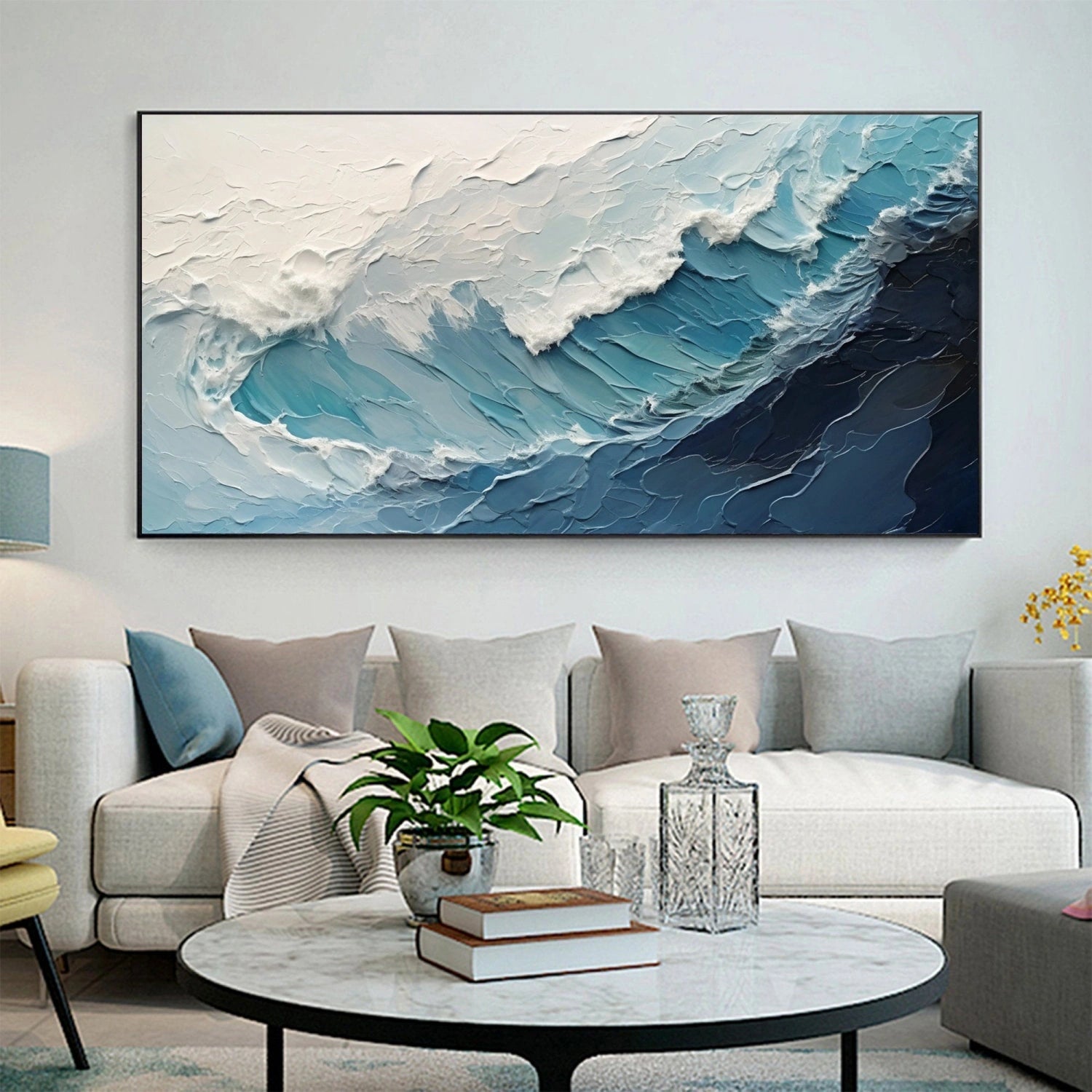 Horizontal Blue and White Textured Wave Abstract Oil Painting - Modern Art #JJ 162