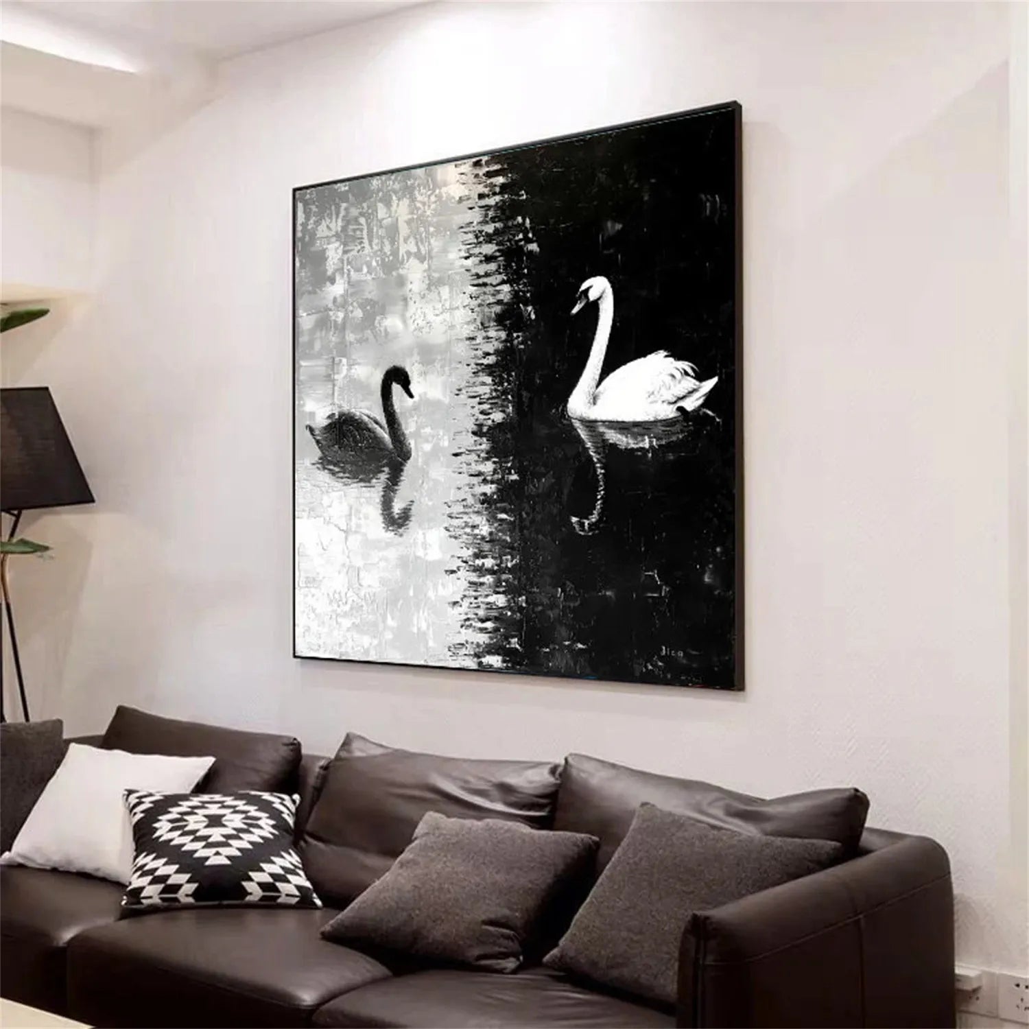 Black and White Swan Wall Art | Large Square Abstract Painting #ZZ 219