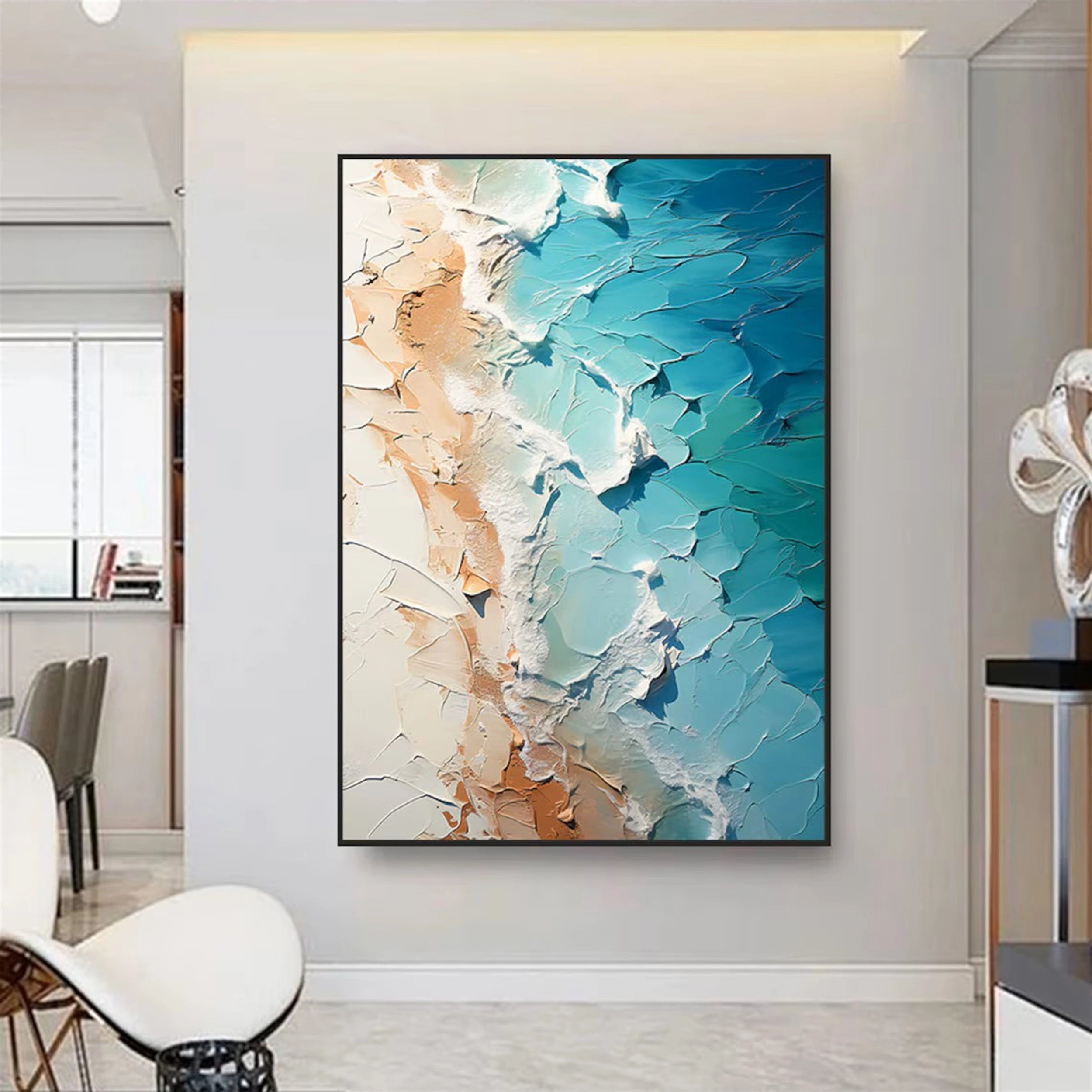 Textured Wall Art Handmade Teal Ocean Beige Sand Abstract #JJ 224
