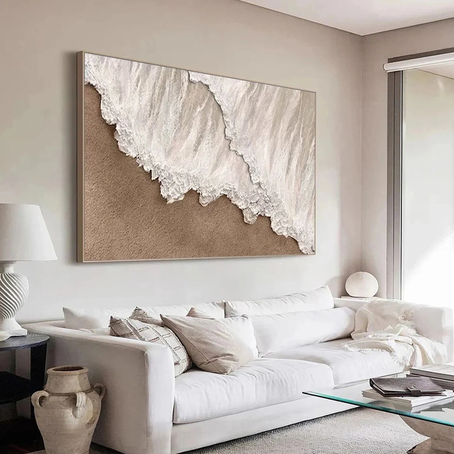 Large Horizontal Beige White Textured Beach Abstract - Modern Wall Art #JJ 174