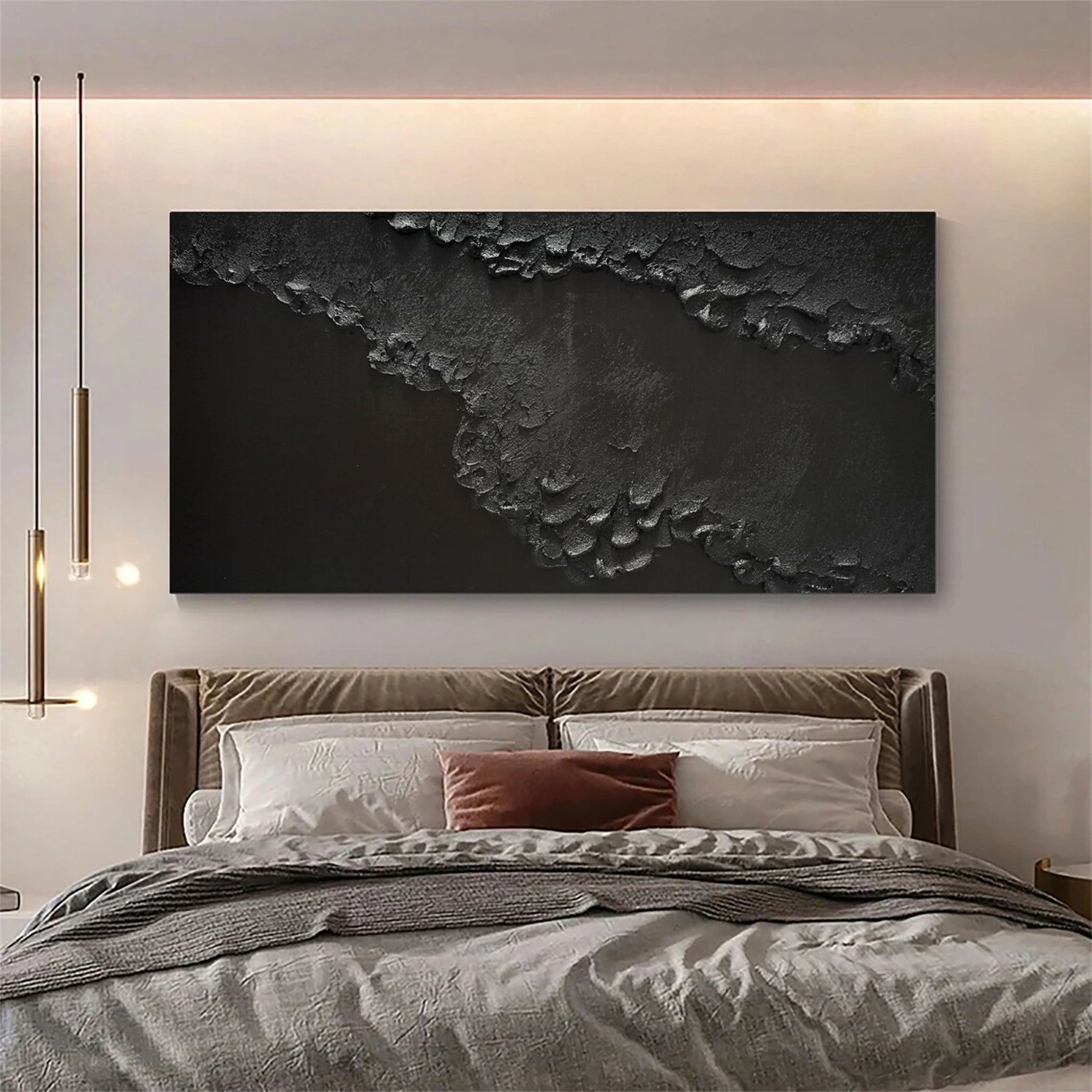 Handmade Modern Black Textured Abstract Wall Art-Coastline Canvas  #JJ 268