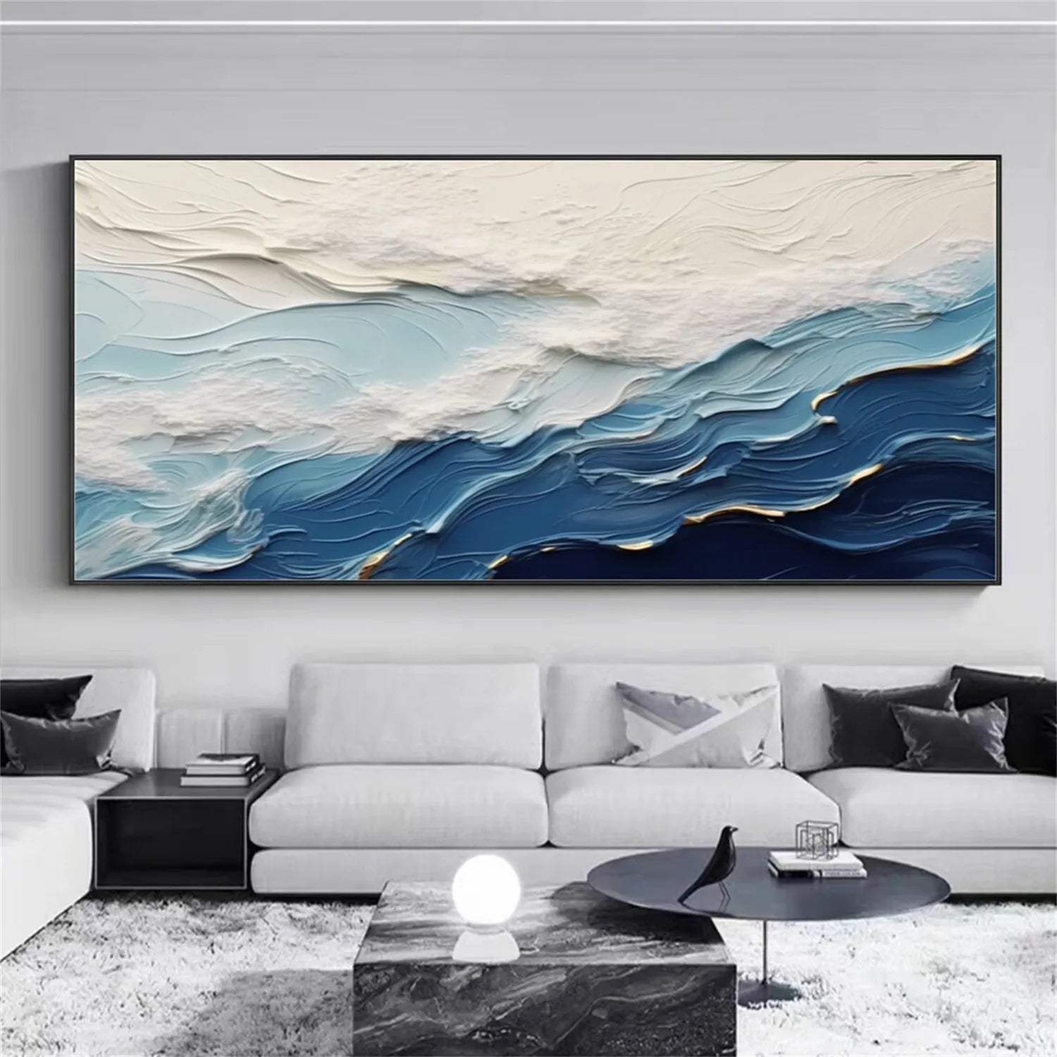 Wide Format Blue and White Textured Wave Abstract Oil Painting - Modern Ocean Art #JJ 167