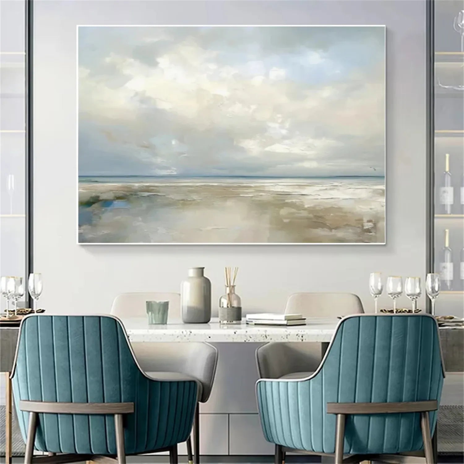 Calming Coastal Landscape Wall Art | Abstract Seascape Cloud Painting #ZZ 080