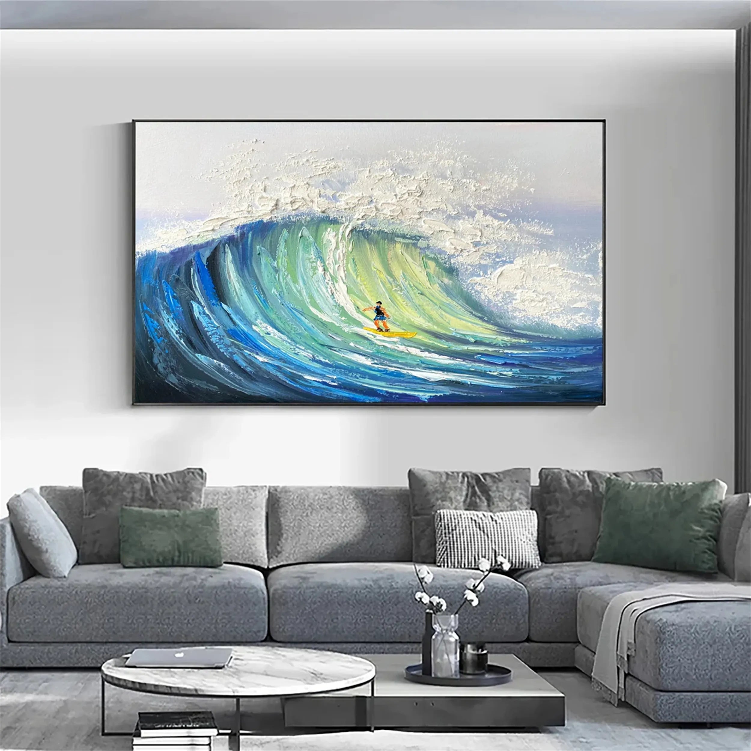 Blue Ocean Waves Textured Abstract Canvas Art #JJ 238