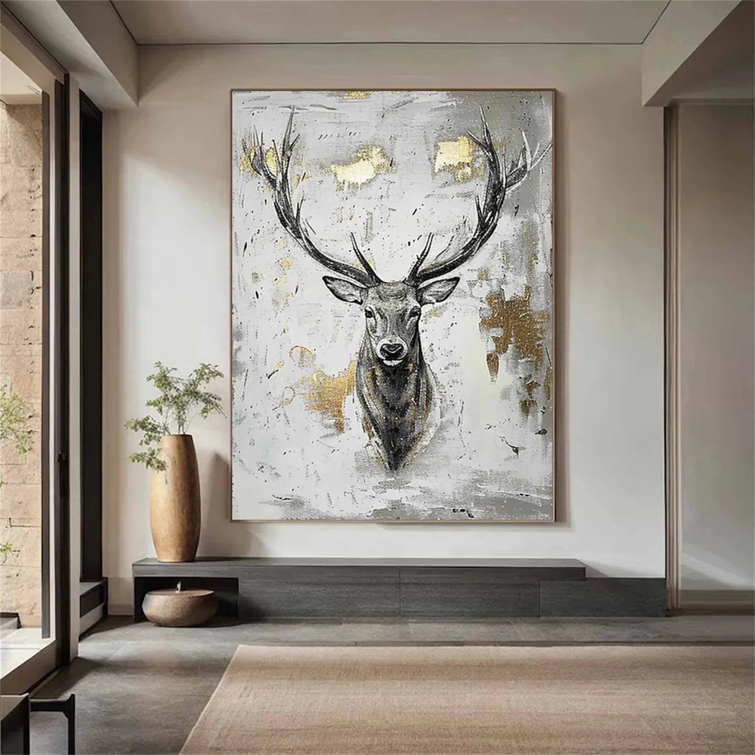 Stag Wall Art | Large Deer Painting Gold Accent Canvas #ZZ 211