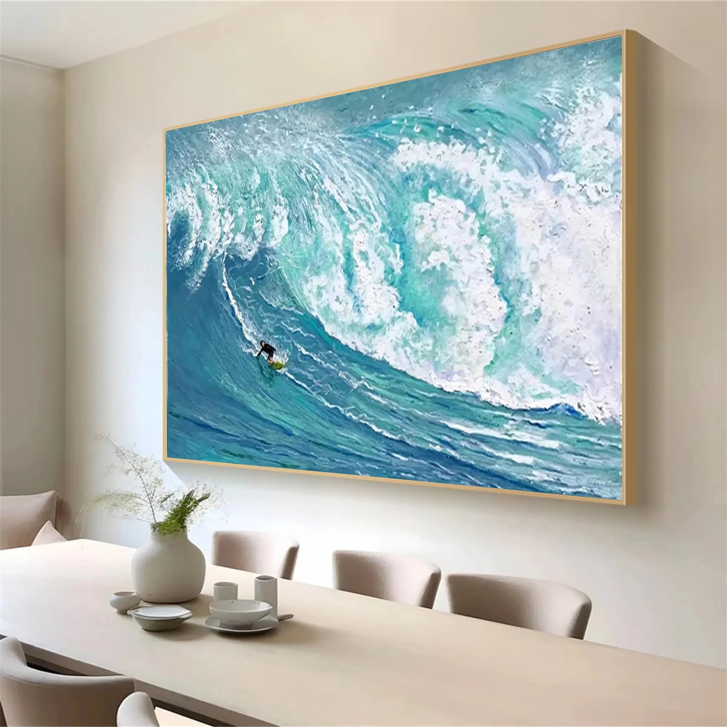 Teal White Textured Surfing Abstract Oil Painting for Wall Decor #JJ 186